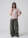 DAXUEN Pink plaid short-sleeved collared shirt with cat embroidery — model photo