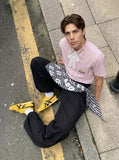 DAXUEN Pink plaid short-sleeved collared shirt with cat embroidery — model photo