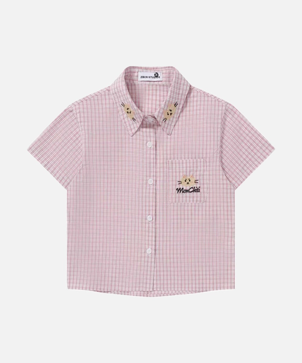 DAXUEN Pink plaid short-sleeved collared shirt with cat embroidery