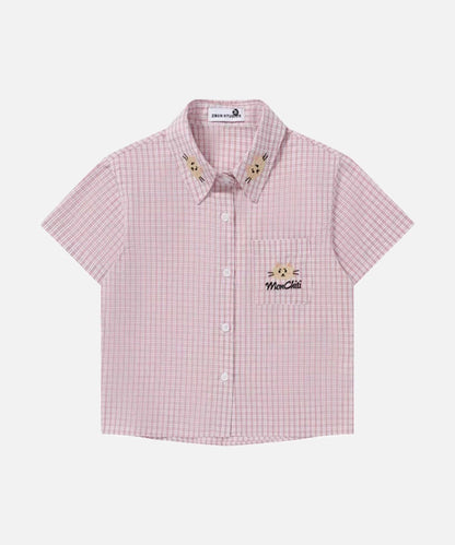 DAXUEN Pink plaid short-sleeved collared shirt with cat embroidery