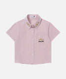 DAXUEN Pink plaid short-sleeved collared shirt with cat embroidery