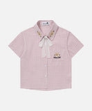 DAXUEN Pink plaid short-sleeved collared shirt with cat embroidery