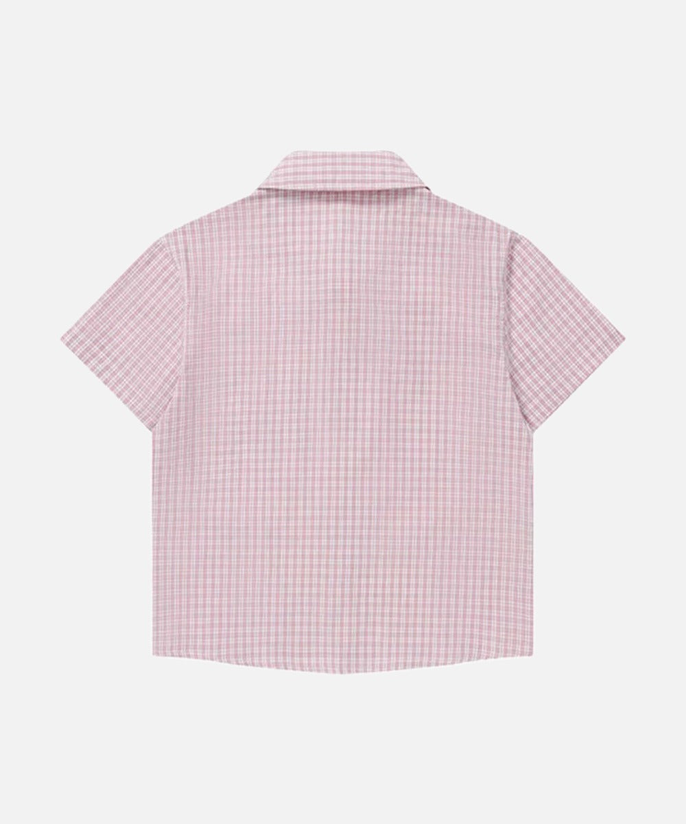 DAXUEN Pink plaid short-sleeved collared shirt with cat embroidery