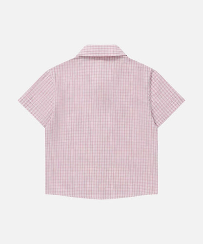 DAXUEN Pink plaid short-sleeved collared shirt with cat embroidery