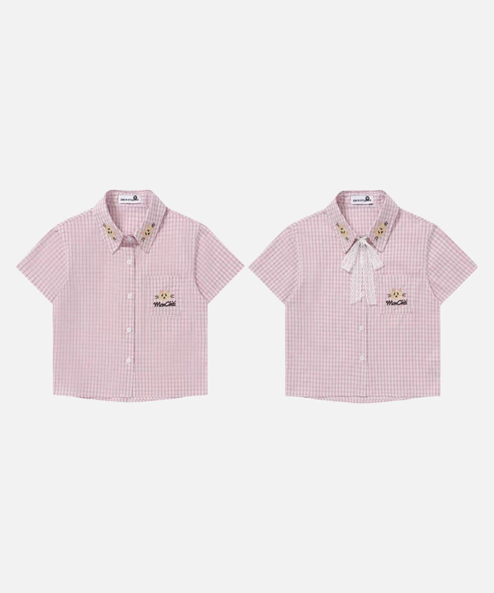 DAXUEN Pink plaid short-sleeved collared shirt with cat embroidery