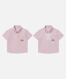 DAXUEN Pink plaid short-sleeved collared shirt with cat embroidery