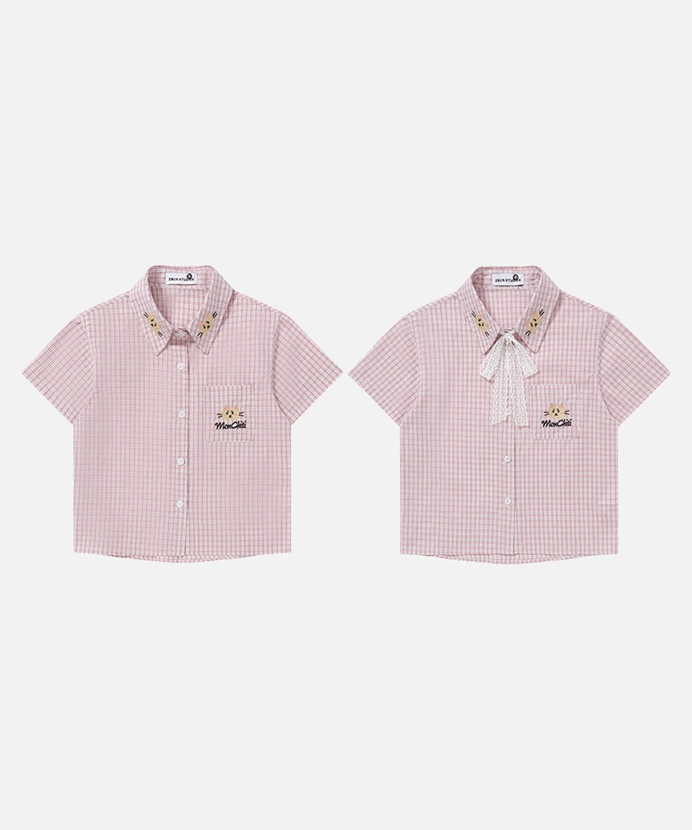 DAXUEN Pink plaid short-sleeved collared shirt with cat embroidery