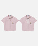 DAXUEN Pink plaid short-sleeved collared shirt with cat embroidery