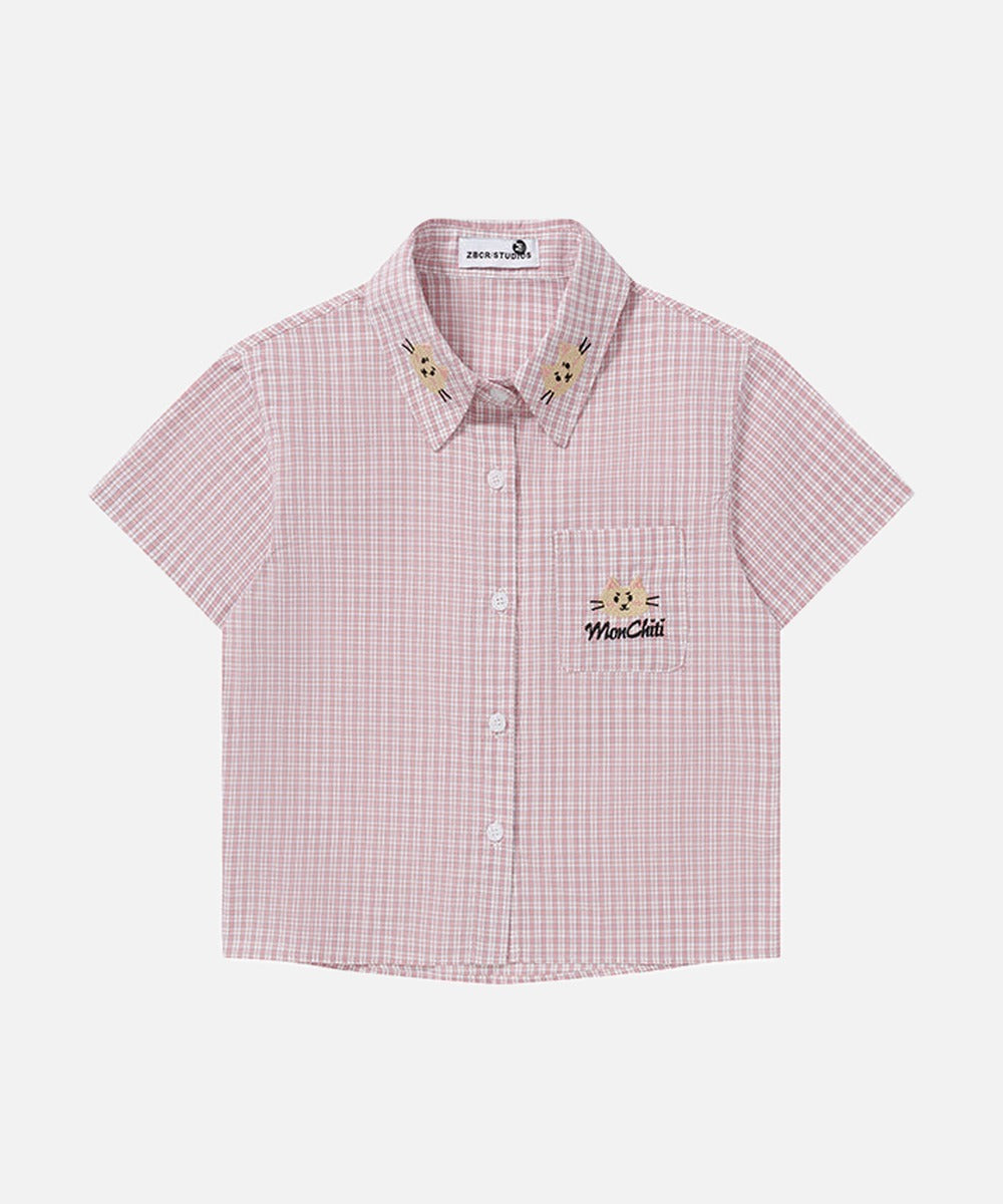 DAXUEN Pink plaid short-sleeved collared shirt with cat embroidery