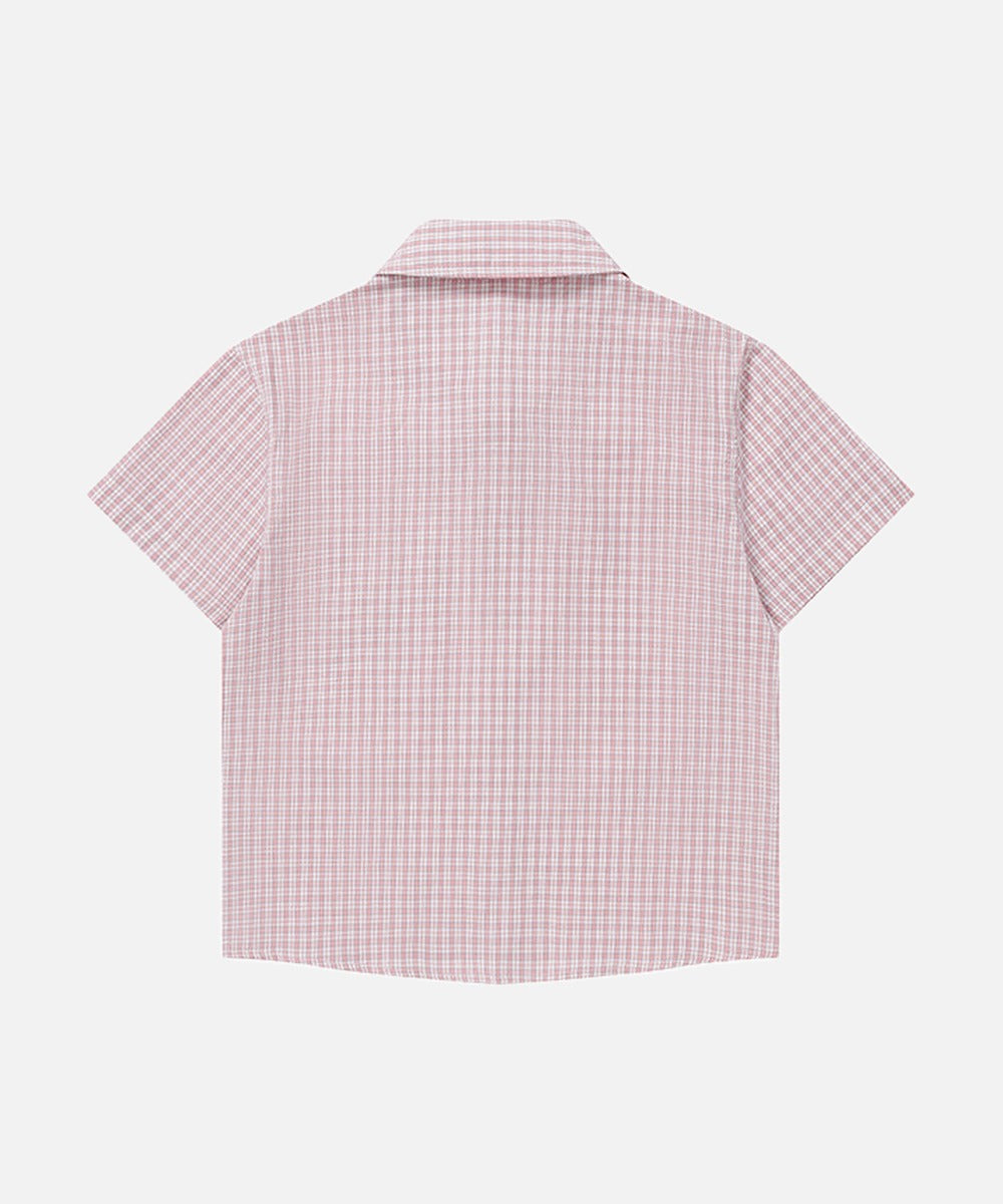 DAXUEN Pink plaid short-sleeved collared shirt with cat embroidery
