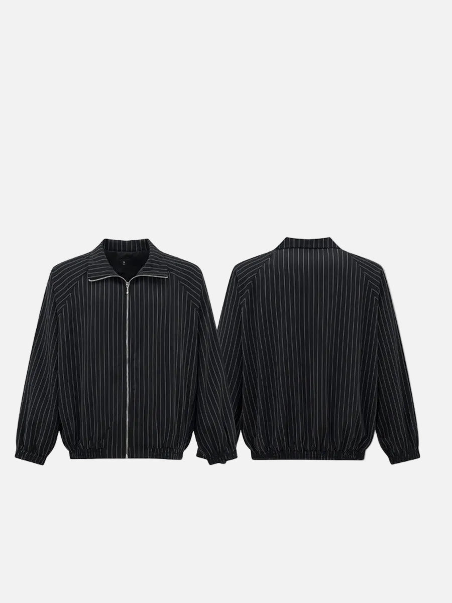DAXUEN Pinstripe bomber jacket with stand-up collar — model photo