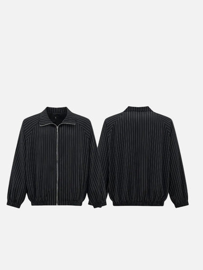 DAXUEN Pinstripe bomber jacket with stand-up collar — model photo