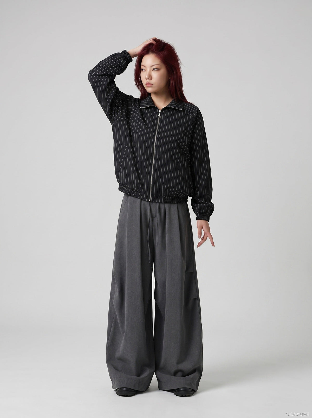 DAXUEN Pinstripe bomber jacket with stand-up collar — model photo