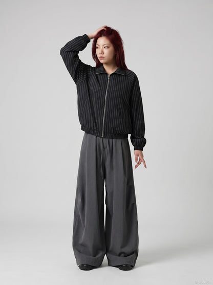 DAXUEN Pinstripe bomber jacket with stand-up collar — model photo