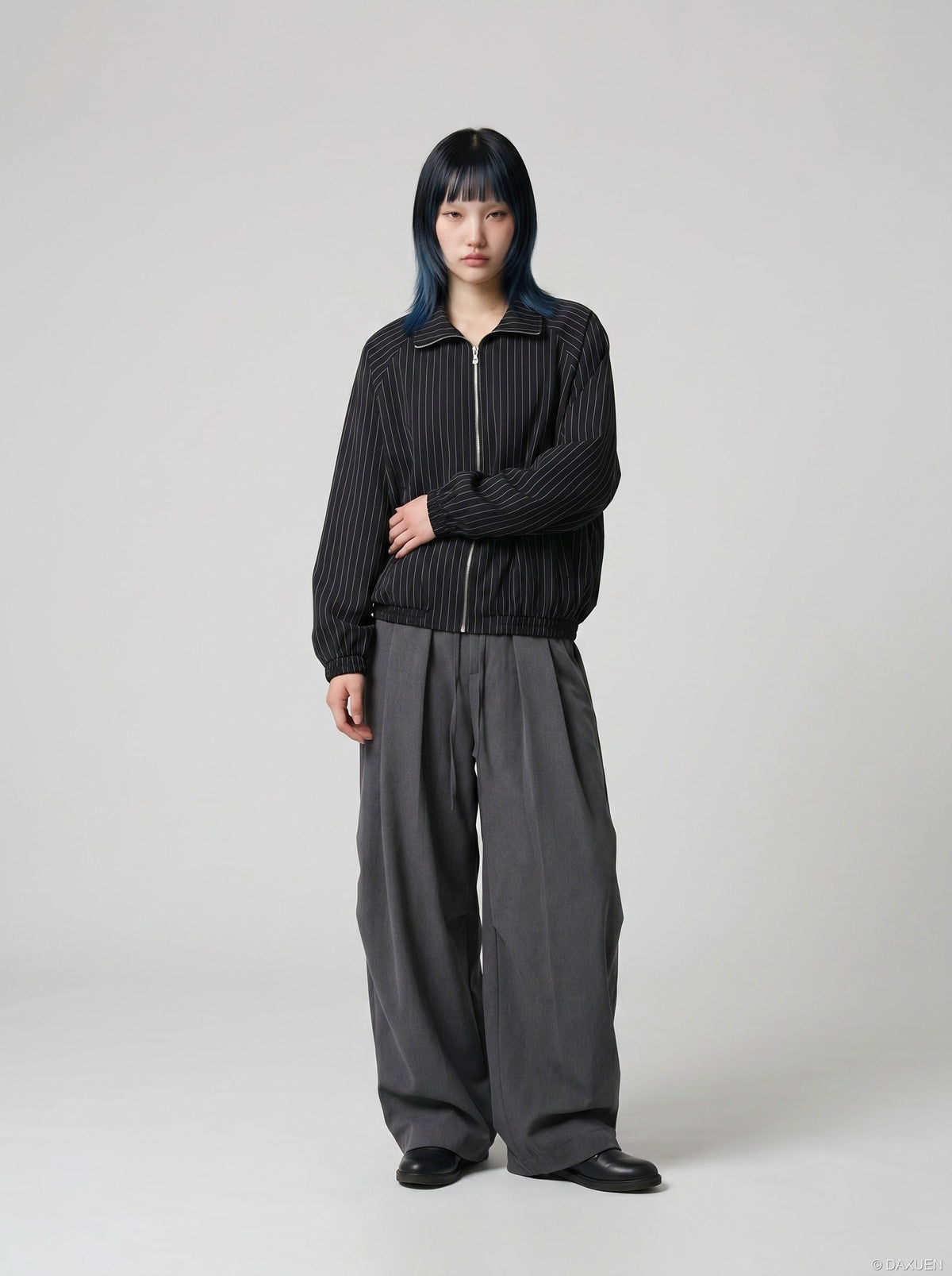 DAXUEN Pinstripe bomber jacket with stand-up collar — model photo