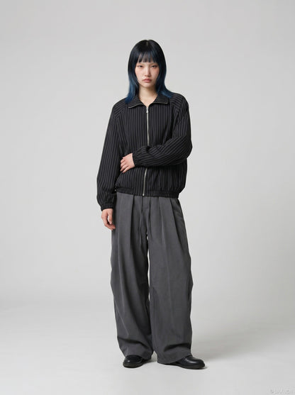 DAXUEN Pinstripe bomber jacket with stand-up collar — model photo
