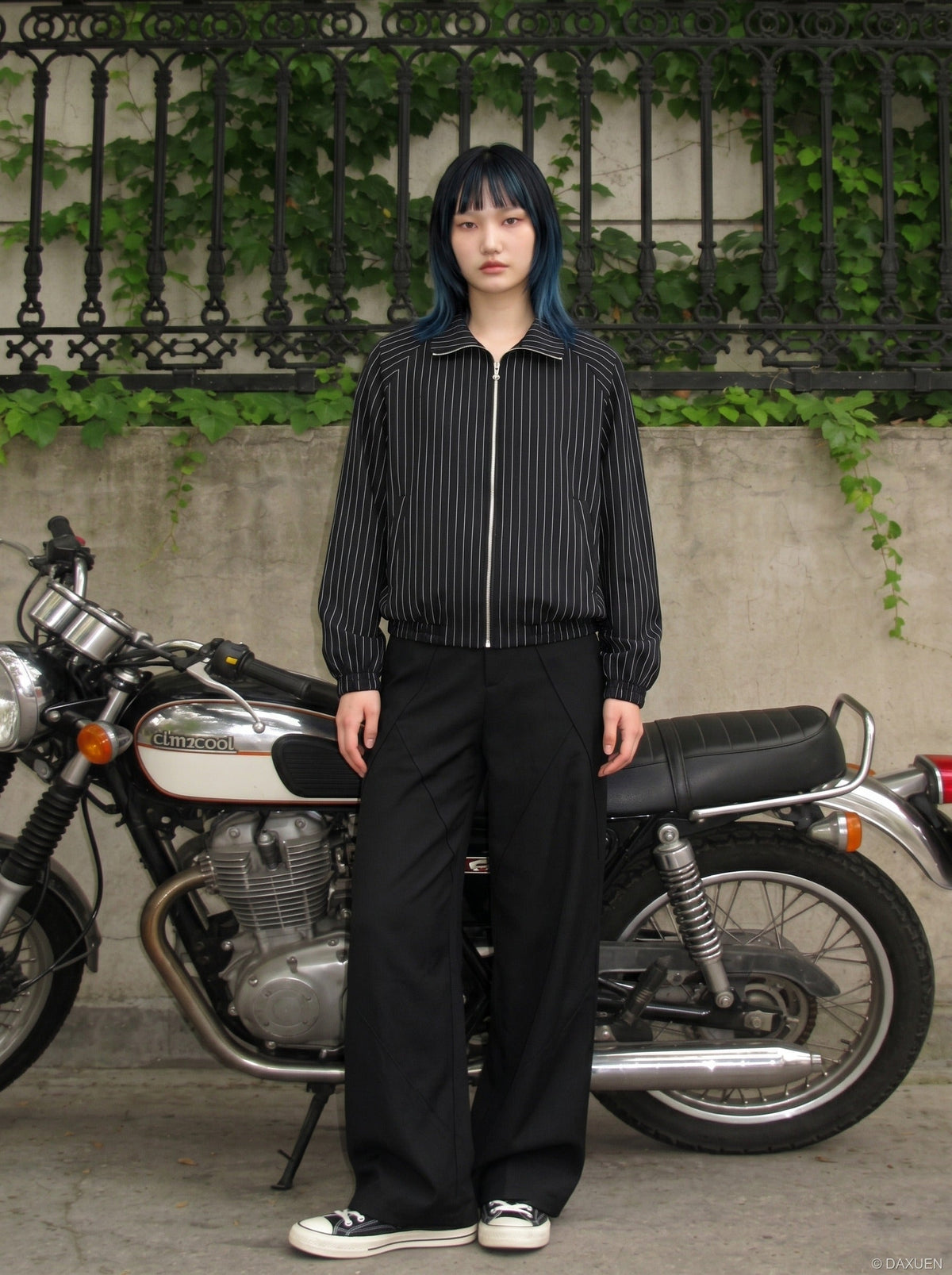 DAXUEN Pinstripe bomber jacket with stand-up collar — model photo