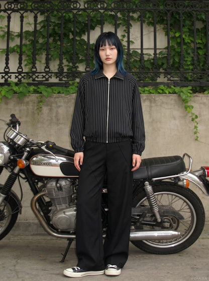 DAXUEN Pinstripe bomber jacket with stand-up collar — model photo