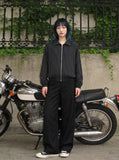 DAXUEN Pinstripe bomber jacket with stand-up collar — model photo