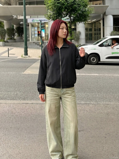 DAXUEN Pinstripe bomber jacket with stand-up collar