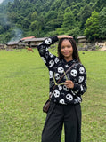 DAXUEN black and dark gray pinstriped wide-leg pants — model photo