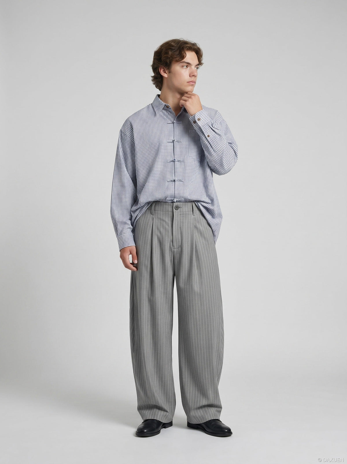 DAXUEN High-waisted wide-leg pinstriped trousers — model photo