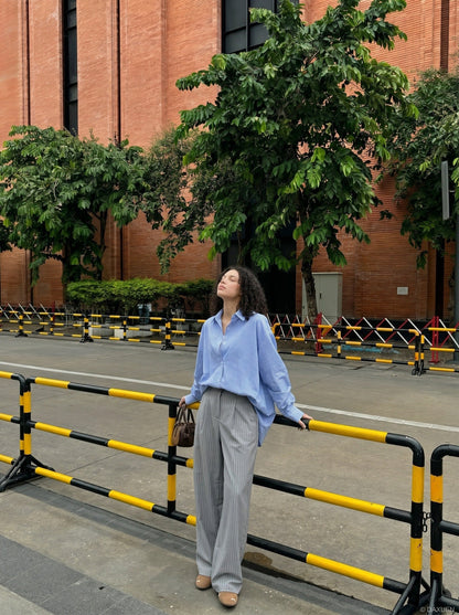 DAXUEN High-waisted wide-leg pinstriped trousers — model photo