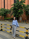 DAXUEN High-waisted wide-leg pinstriped trousers — model photo