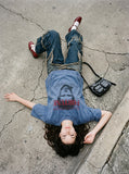 DAXUEN washed blue oversized pixelated face graphic t-shirt — model photo