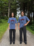 DAXUEN washed blue oversized pixelated face graphic t-shirt — model photo