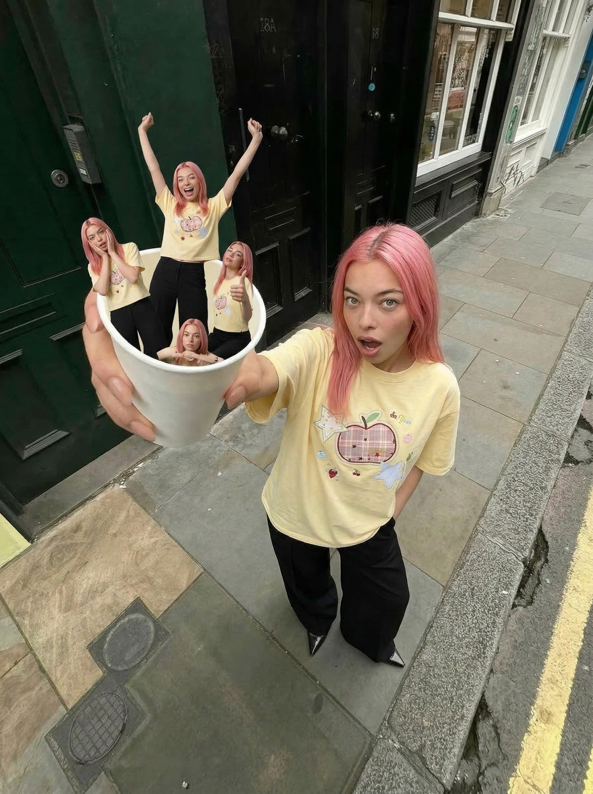 DAXUEN Loose-fitting plaid apple embroidered T-shirt — model photo