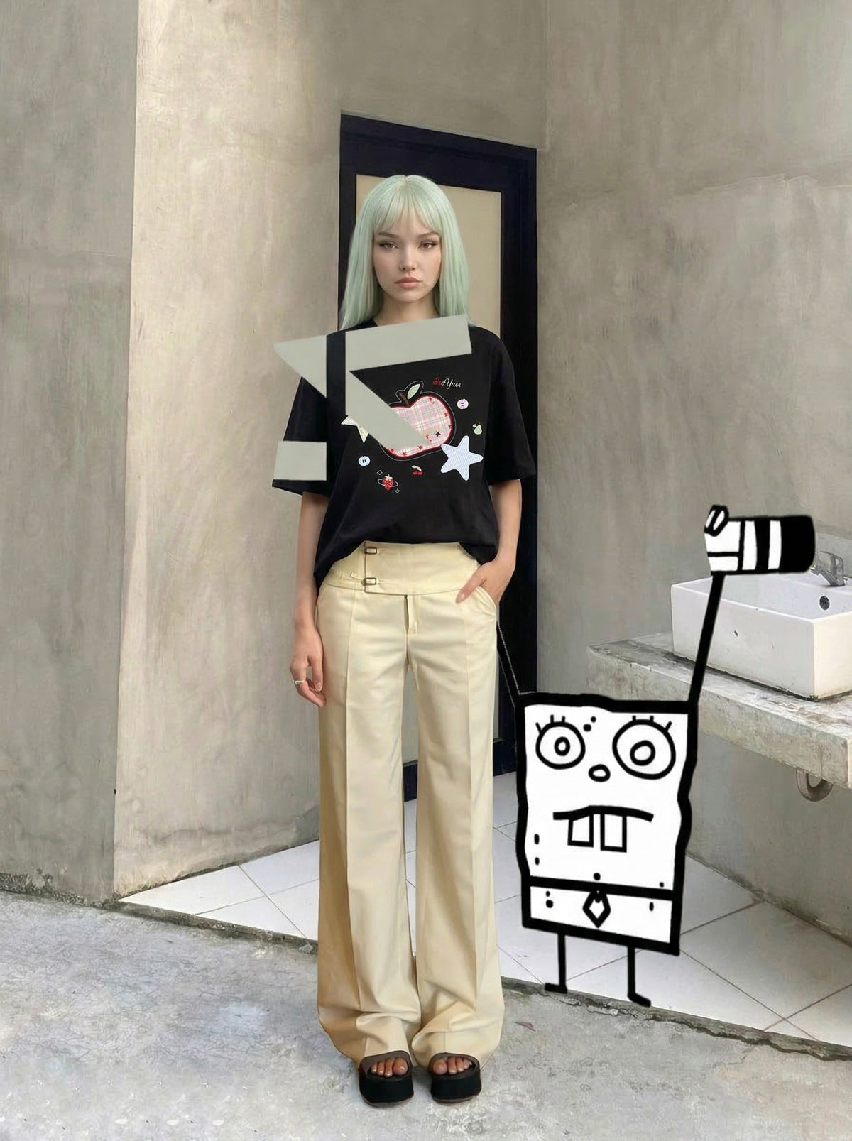 DAXUEN Loose-fitting plaid apple embroidered T-shirt — model photo