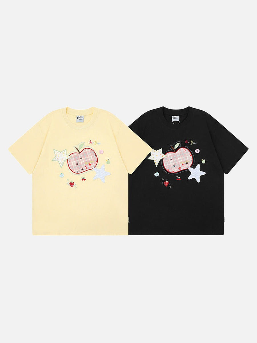 DAXUEN Loose-fitting plaid apple embroidered T-shirt