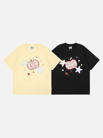 DAXUEN Loose-fitting plaid apple embroidered T-shirt