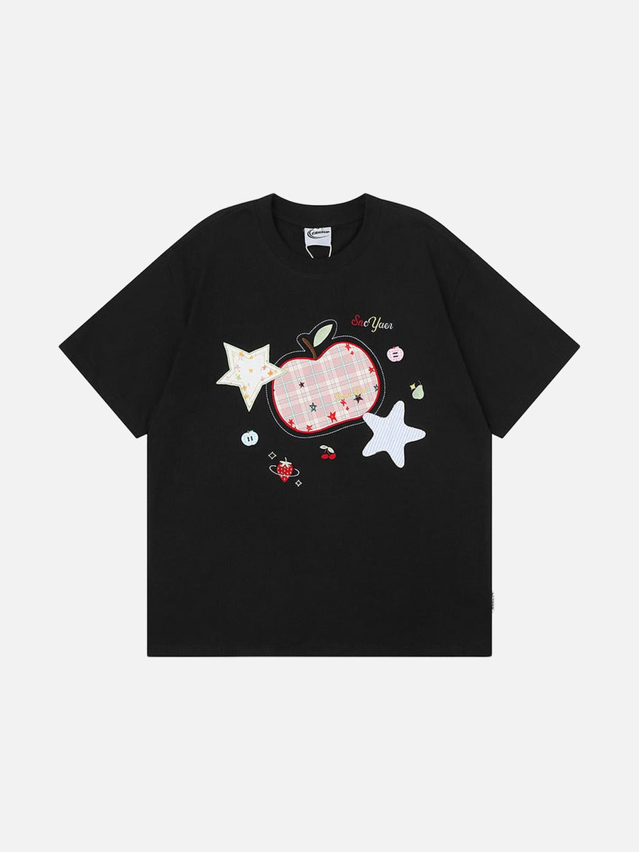 DAXUEN Loose-fitting plaid apple embroidered T-shirt