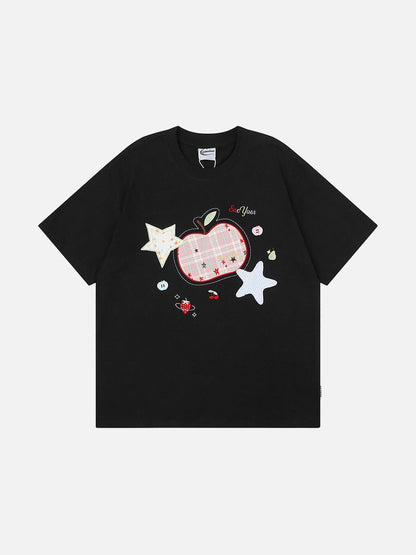 DAXUEN Loose-fitting plaid apple embroidered T-shirt