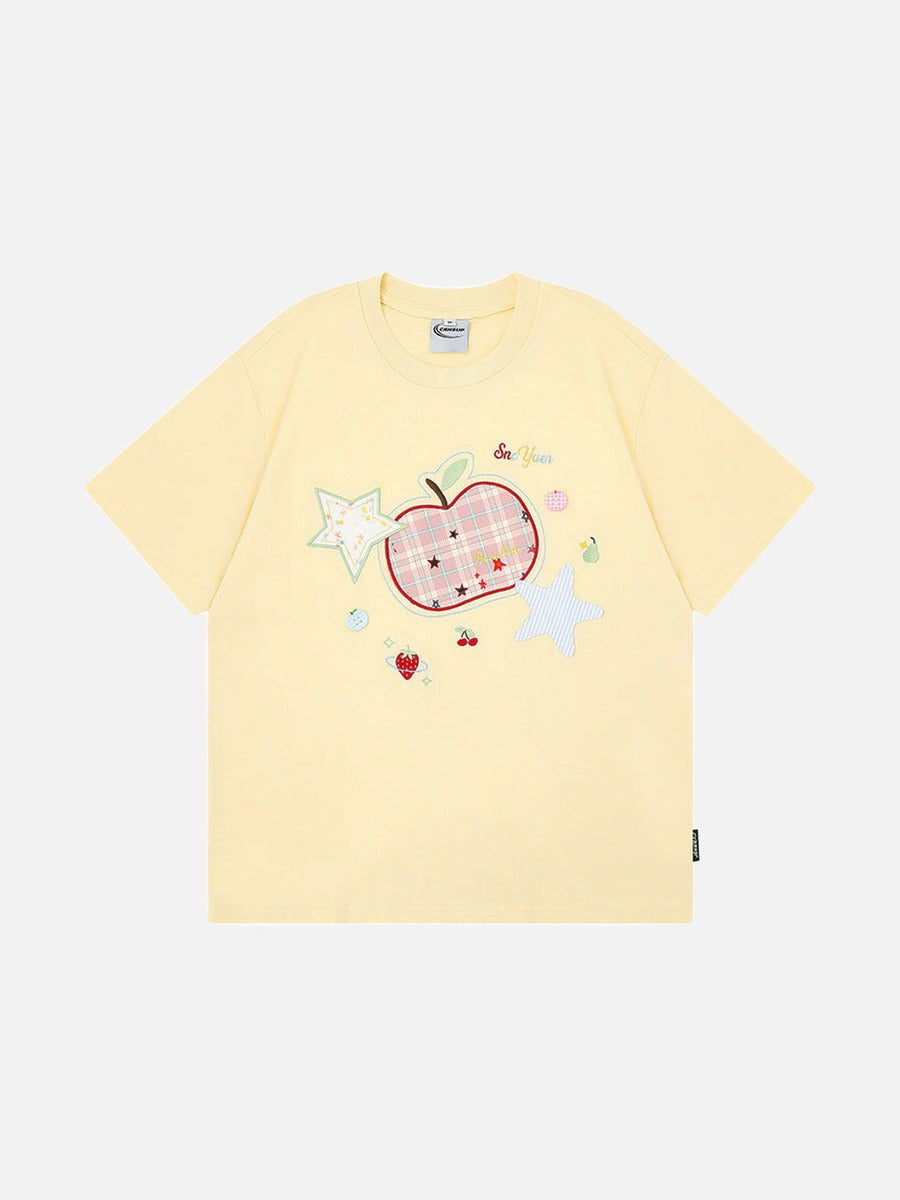 DAXUEN Loose-fitting plaid apple embroidered T-shirt
