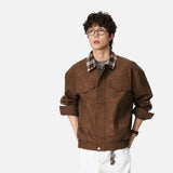 DAXUEN brown plaid-collared bomber jacket