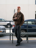 DAXUEN brown plaid-collared bomber jacket — model photo
