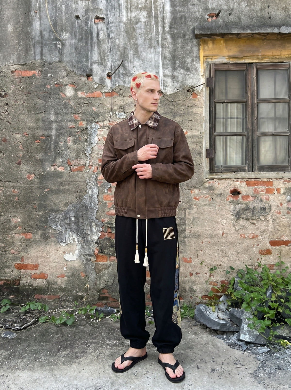 DAXUEN brown plaid-collared bomber jacket — model photo