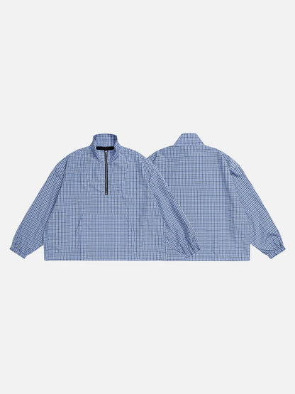 DAXUEN Plaid oversized pullover jacket with half-zip and pouch pocket