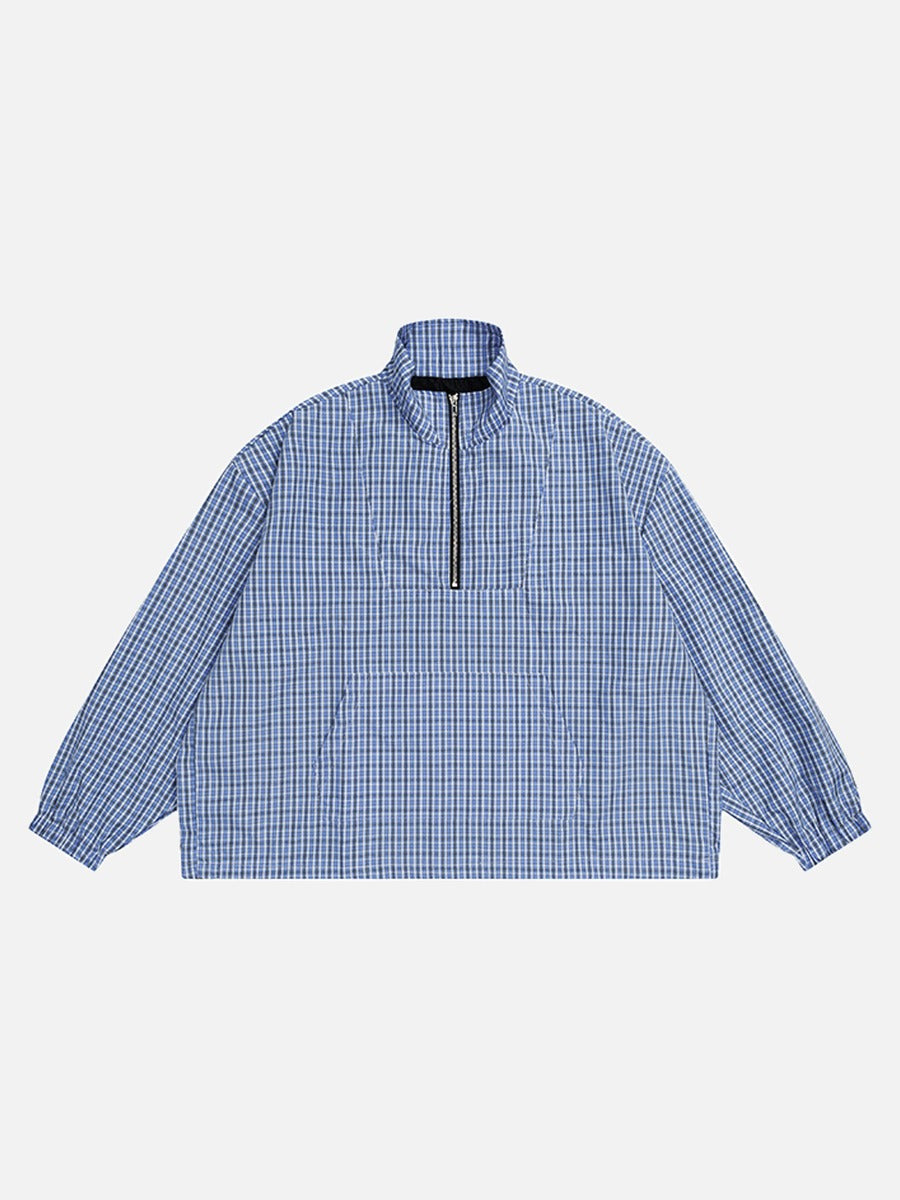 DAXUEN Plaid oversized pullover jacket with half-zip and pouch pocket — model photo