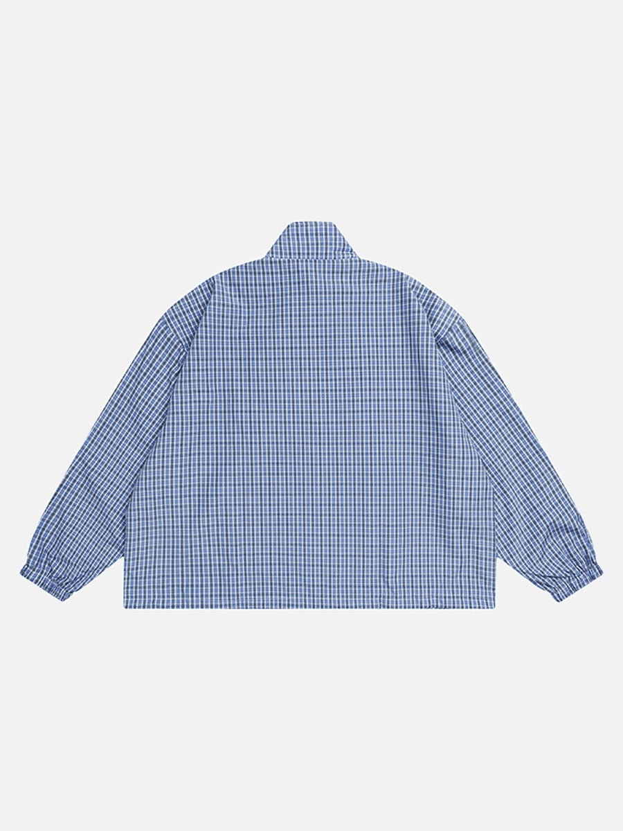DAXUEN Plaid oversized pullover jacket with half-zip and pouch pocket — model photo