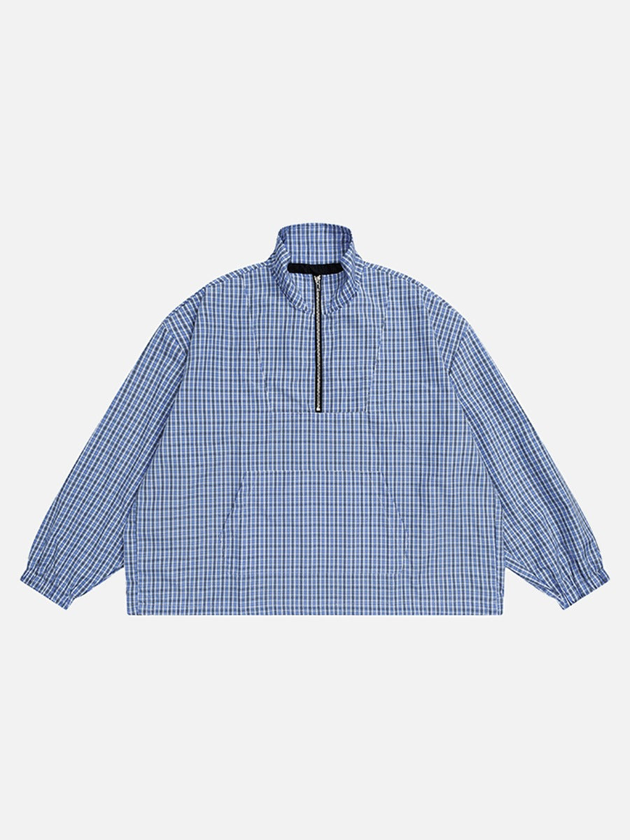 DAXUEN Plaid oversized pullover jacket with half-zip and pouch pocket