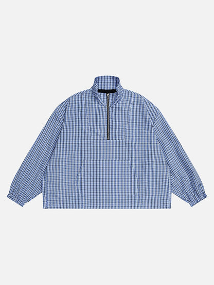 DAXUEN Plaid oversized pullover jacket with half-zip and pouch pocket