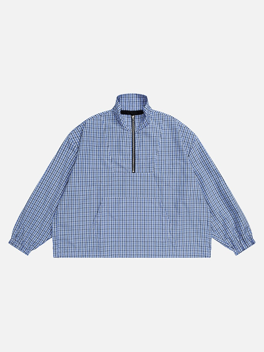 DAXUEN Plaid oversized pullover jacket with half-zip and pouch pocket