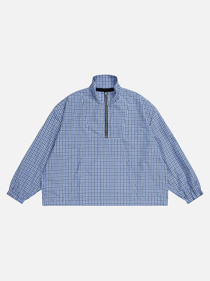 DAXUEN Plaid oversized pullover jacket with half-zip and pouch pocket
