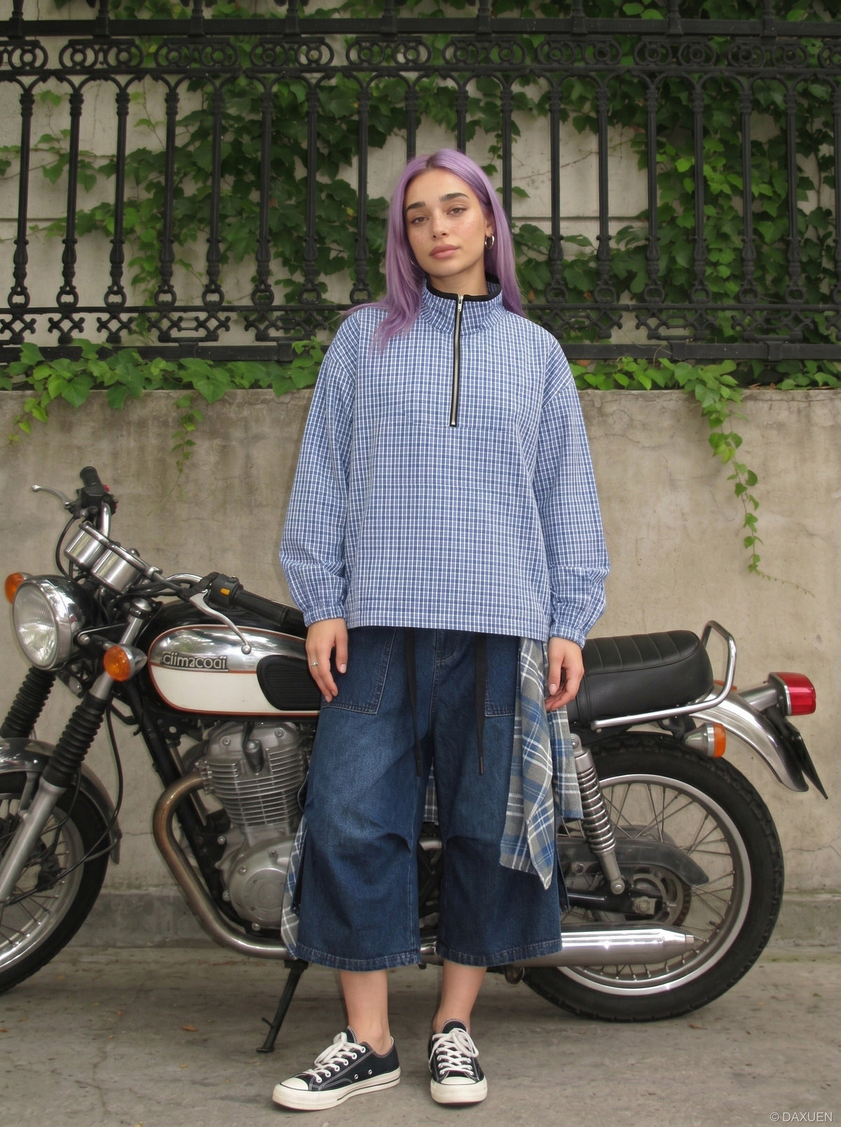 DAXUEN Plaid oversized pullover jacket with half-zip and pouch pocket — model photo