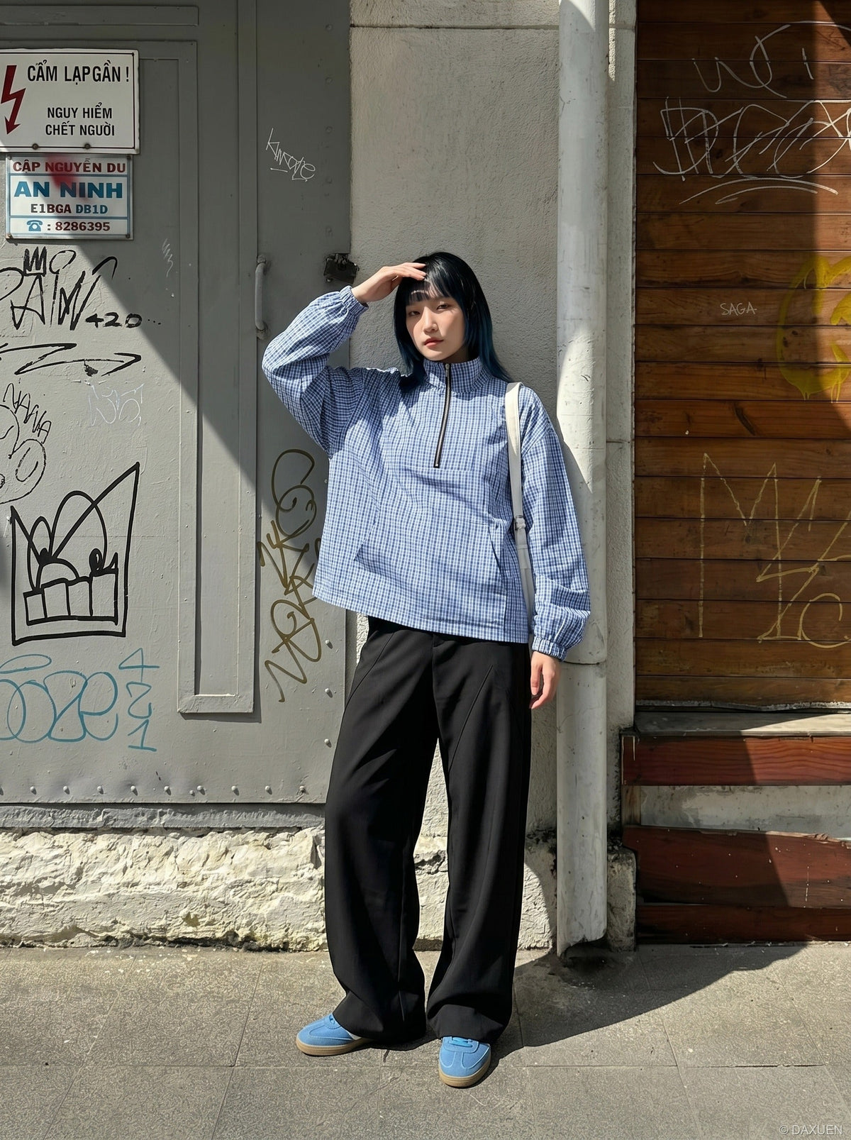 DAXUEN Plaid oversized pullover jacket with half-zip and pouch pocket