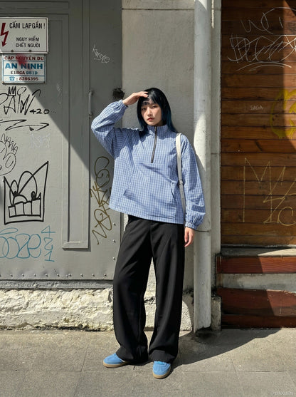 DAXUEN Plaid oversized pullover jacket with half-zip and pouch pocket